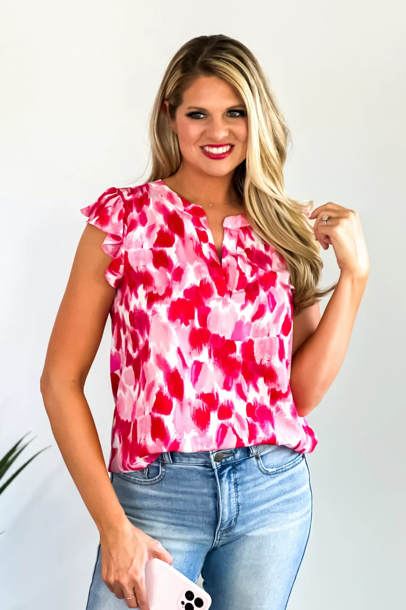 Sammie V Neck Blouse : Red/Pink