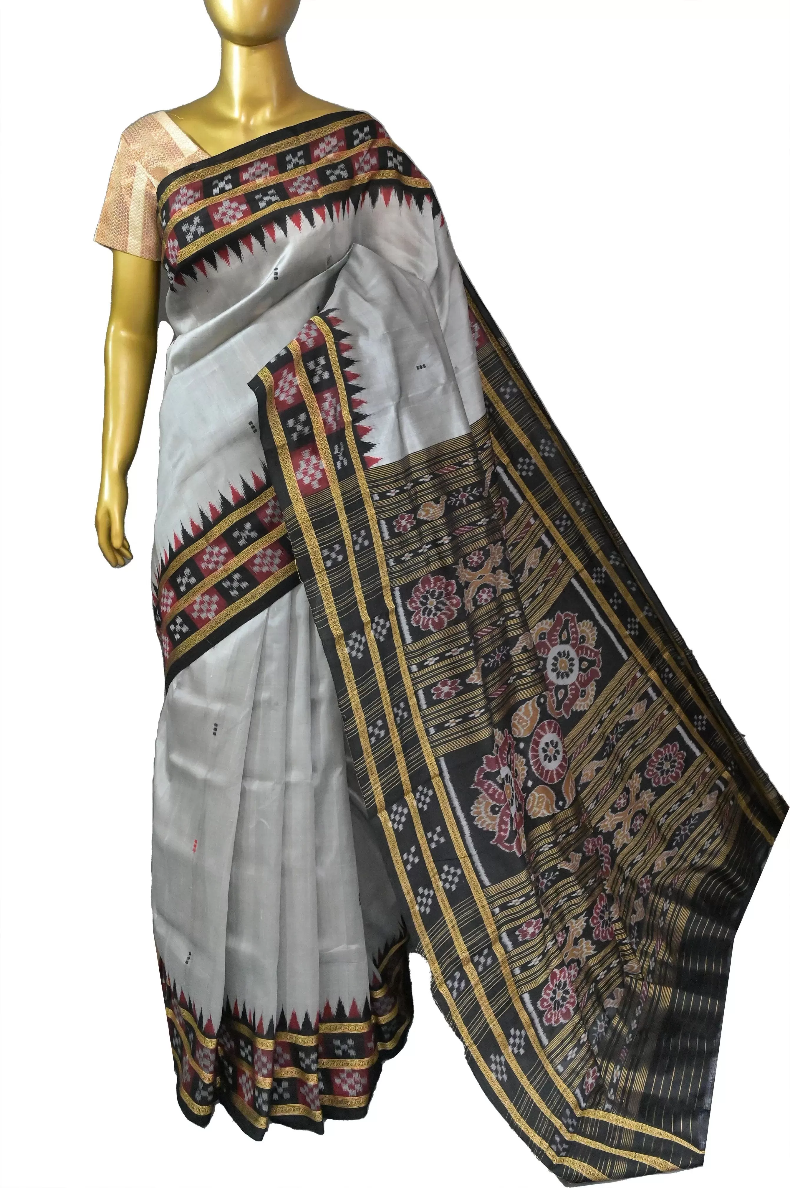 Steel Grey and Black Color Sambalpuri Silk Saree with Double Pasapalli Border