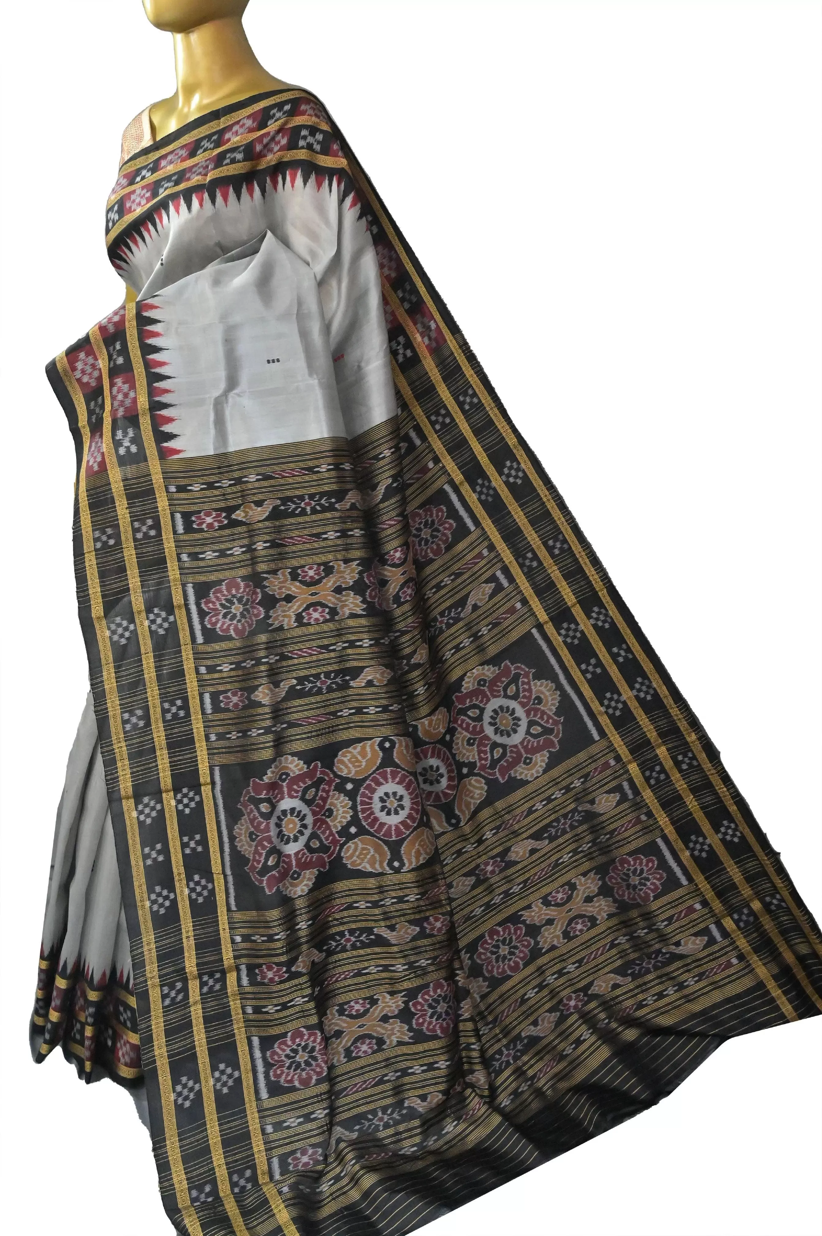 Steel Grey and Black Color Sambalpuri Silk Saree with Double Pasapalli Border