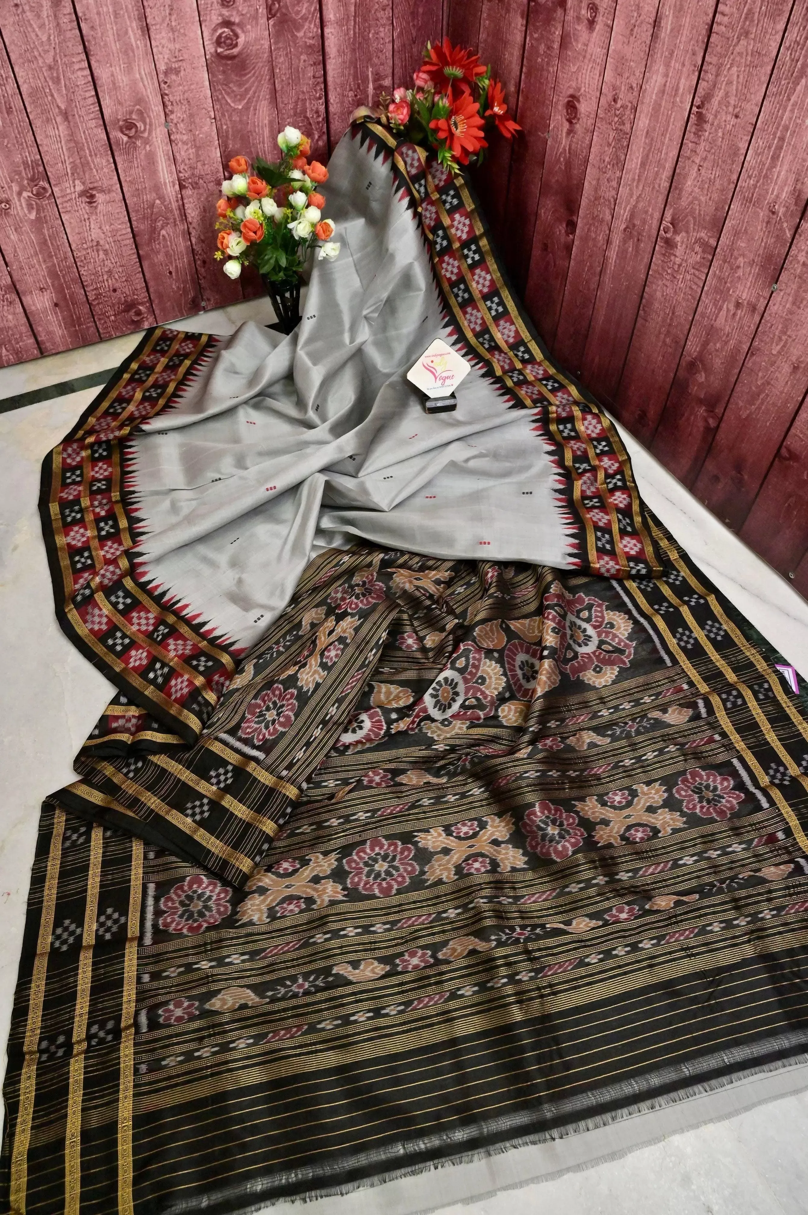 Steel Grey and Black Color Sambalpuri Silk Saree with Double Pasapalli Border