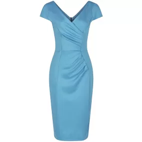 Summer Blue Cap Sleeve Crossover Top Bodycon Wiggle Pencil Dress