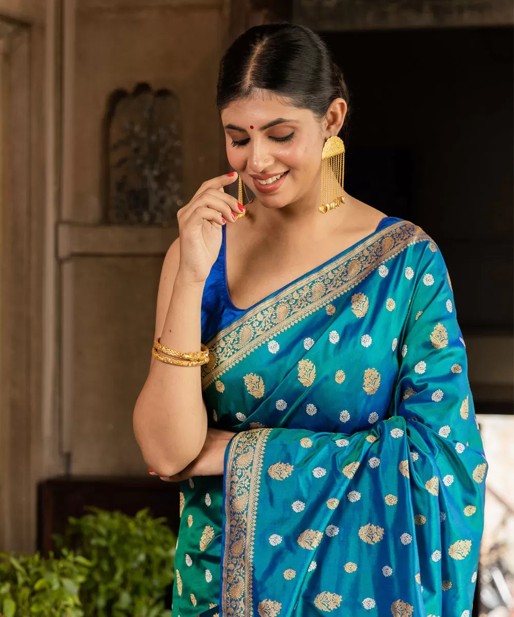 Teal silk handwoven banarasi saree