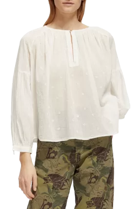 Tie Front Easy Volume Dobby Blouse | White