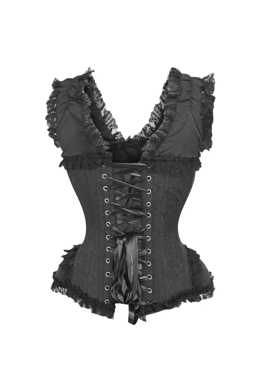 Top Drawer Black Brocade & Lace Steel Boned Corset w/Cap Sleeves