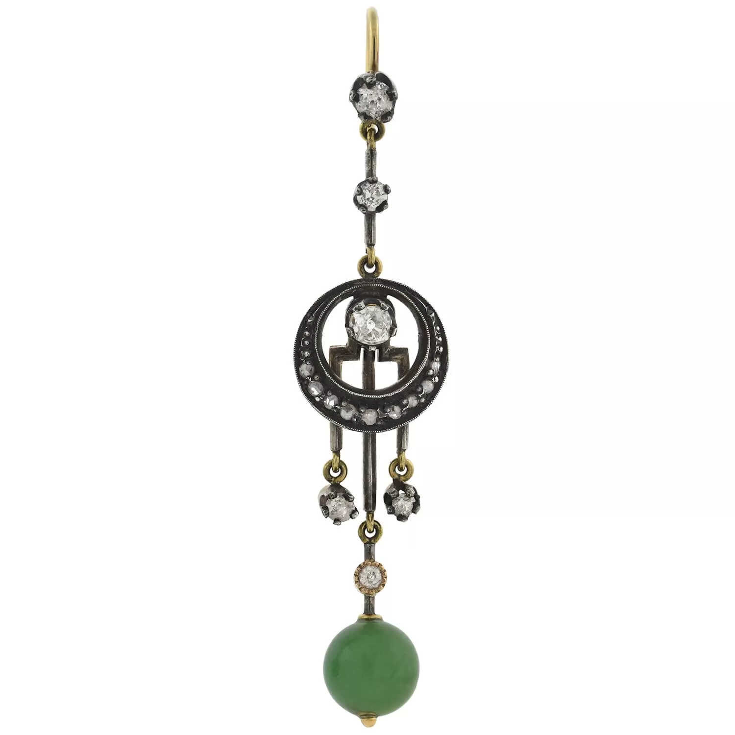 Victorian 14kt/Sterling Dramatic Diamond   Jade Dangle Earrings