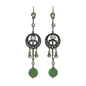 Victorian 14kt/Sterling Dramatic Diamond   Jade Dangle Earrings