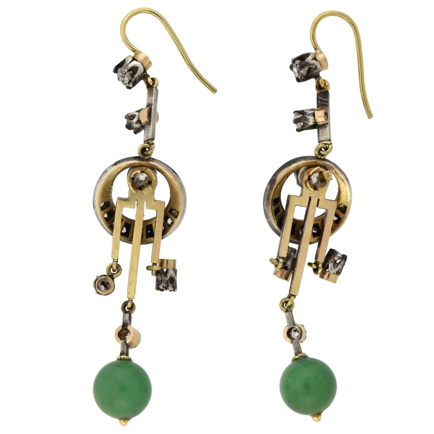 Victorian 14kt/Sterling Dramatic Diamond   Jade Dangle Earrings