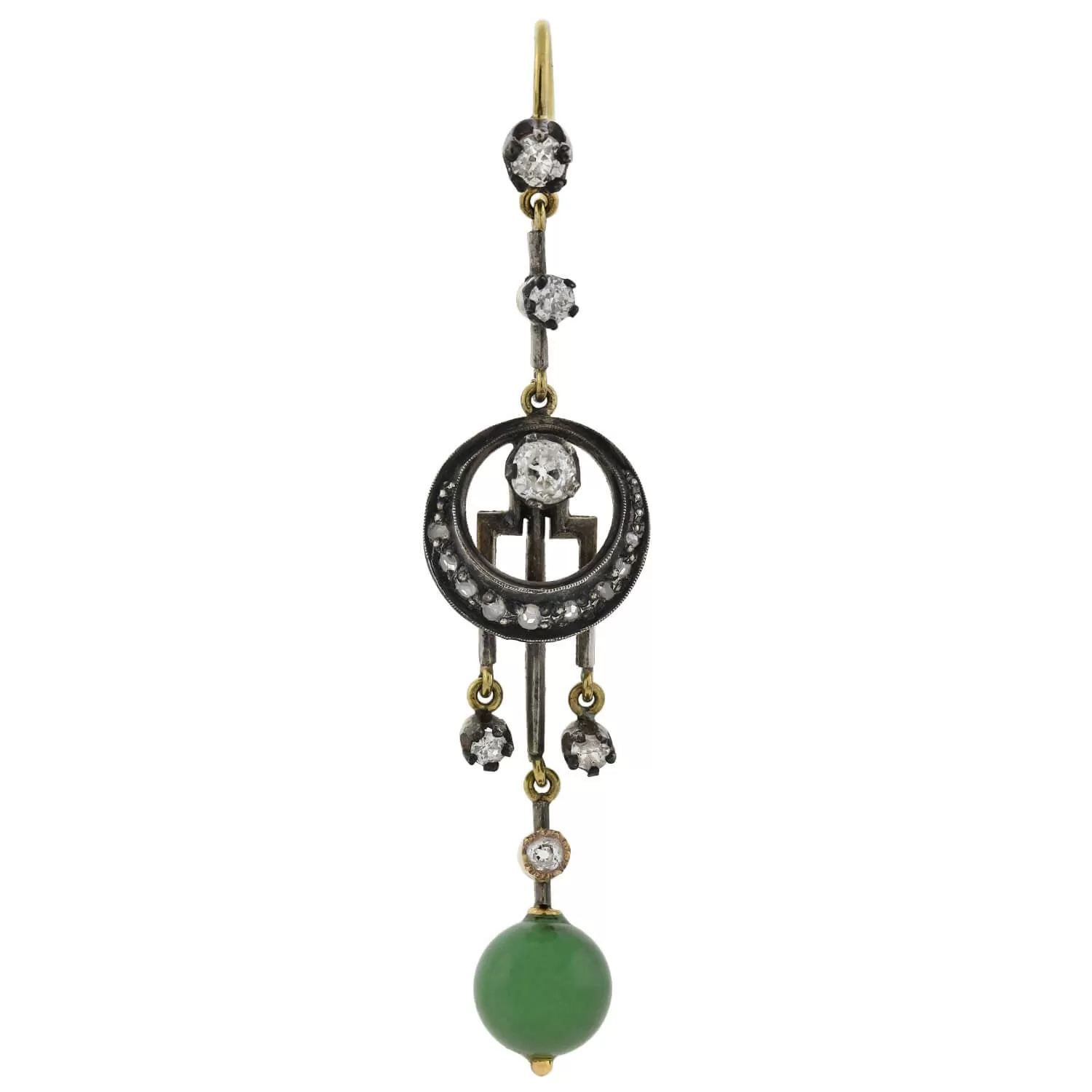 Victorian 14kt/Sterling Dramatic Diamond   Jade Dangle Earrings