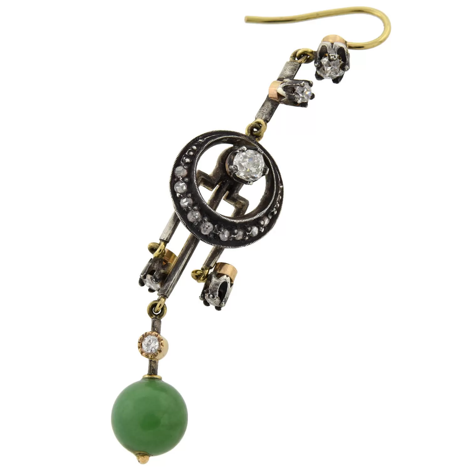 Victorian 14kt/Sterling Dramatic Diamond   Jade Dangle Earrings