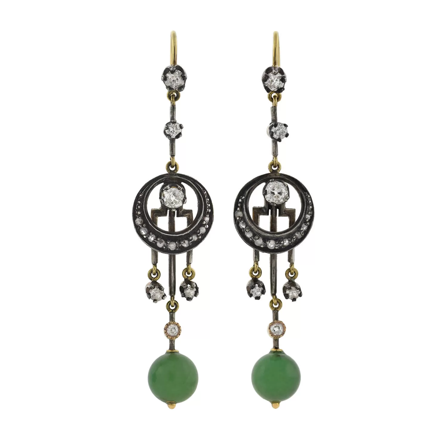 Victorian 14kt/Sterling Dramatic Diamond   Jade Dangle Earrings