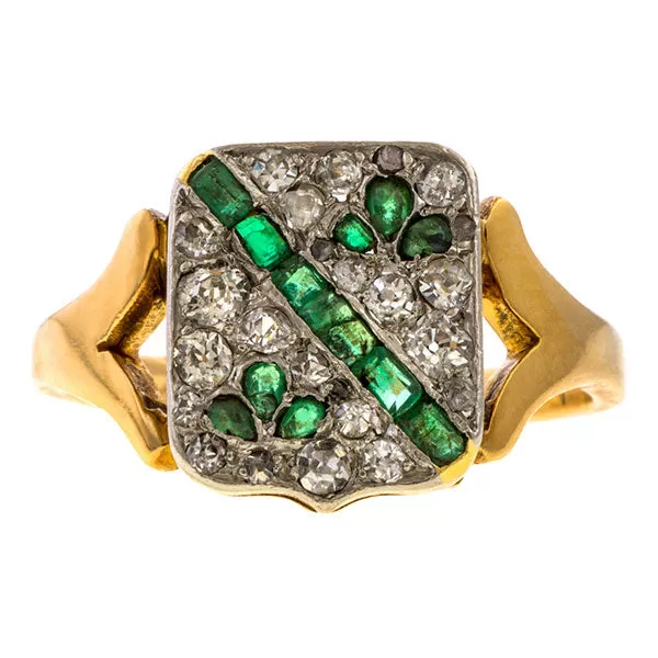 Vintage Emerald & Diamond Coat of Arms Ring