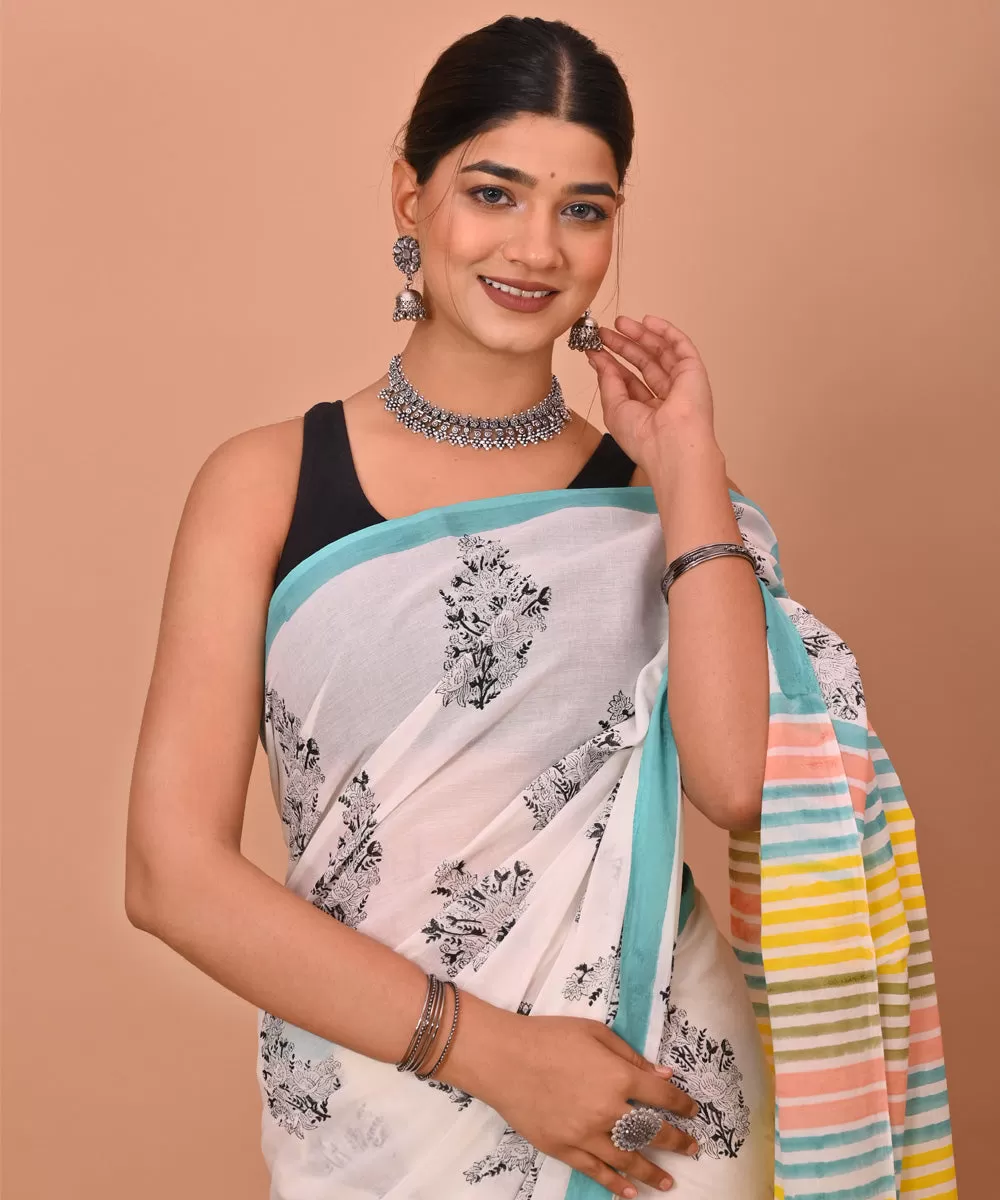 White black cotton hand printed bagru saree