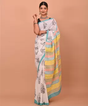 White black cotton hand printed bagru saree