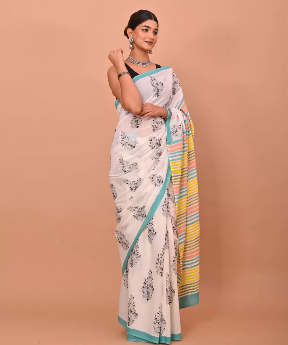 White black cotton hand printed bagru saree