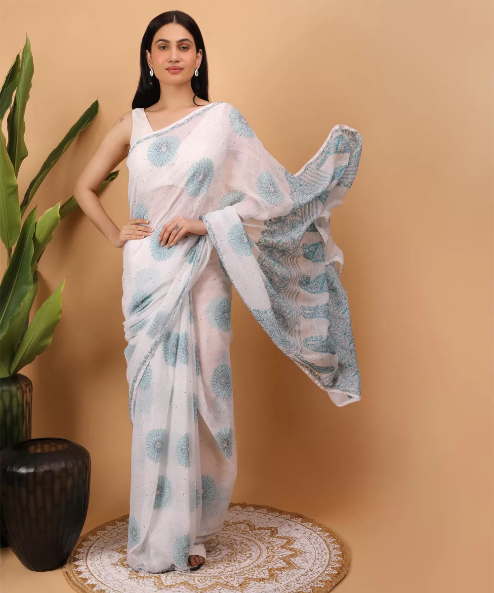 White blue cotton handloom chikankari saree