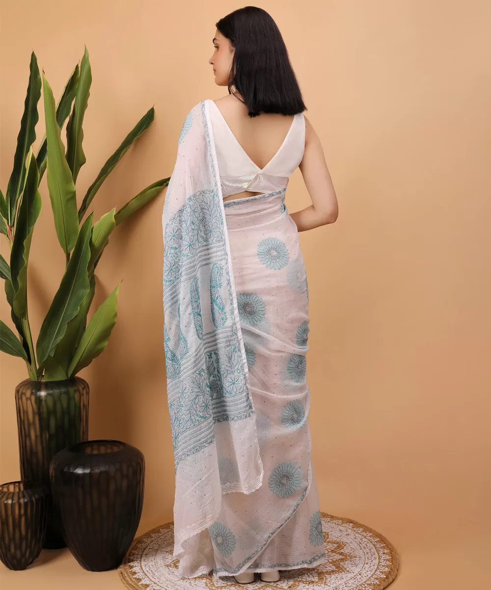 White blue cotton handloom chikankari saree