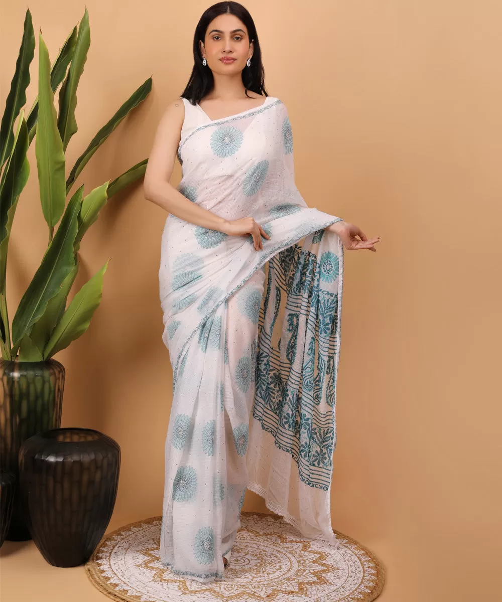 White blue cotton handloom chikankari saree