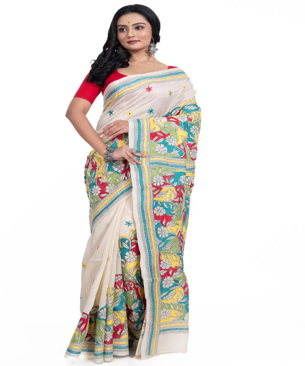 White blue yellow handwoven tussar silk kantha stitch saree