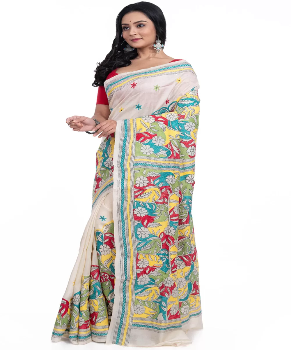 White blue yellow handwoven tussar silk kantha stitch saree