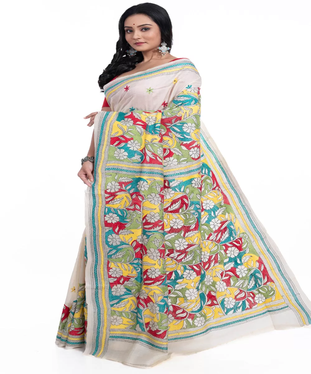 White blue yellow handwoven tussar silk kantha stitch saree