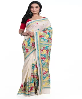 White blue yellow handwoven tussar silk kantha stitch saree