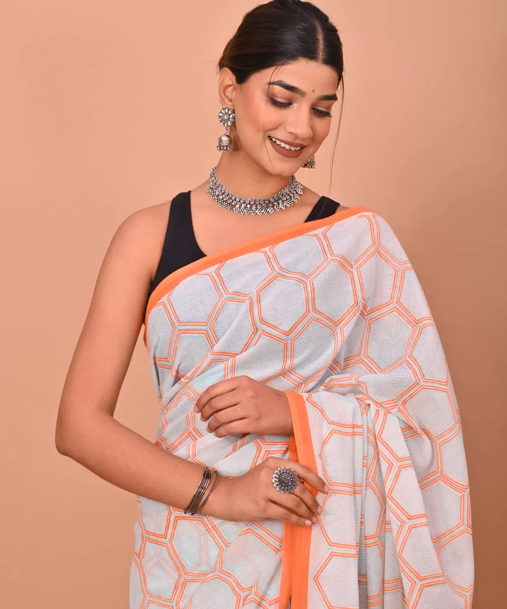 White orange hand printed bagru cotton saree