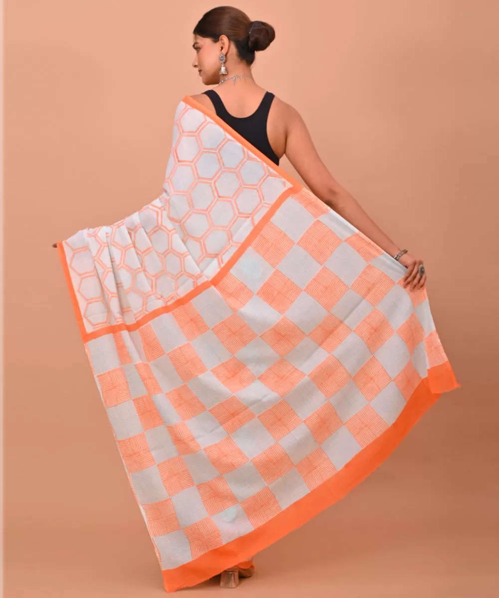 White orange hand printed bagru cotton saree