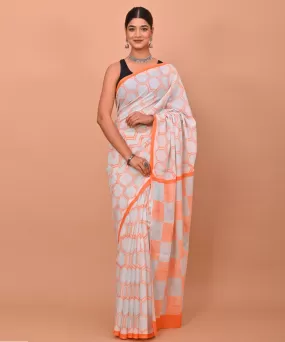 White orange hand printed bagru cotton saree