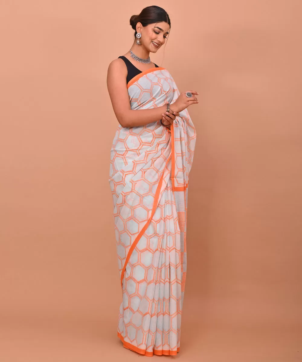 White orange hand printed bagru cotton saree