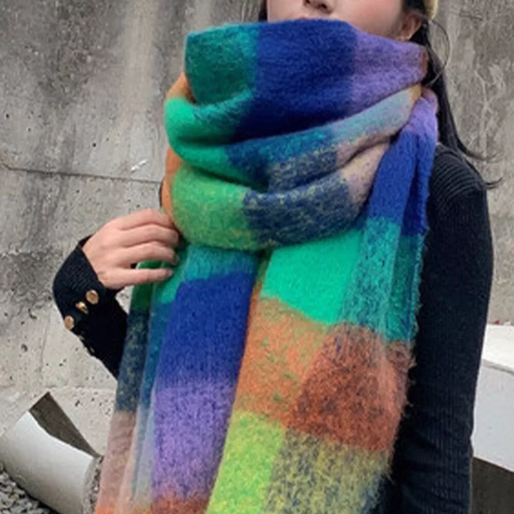 Women Cashmere Dual-use Rainbow Mixed Color Stripes Thicken Warm Plus Long Tassel Scarf Shawl