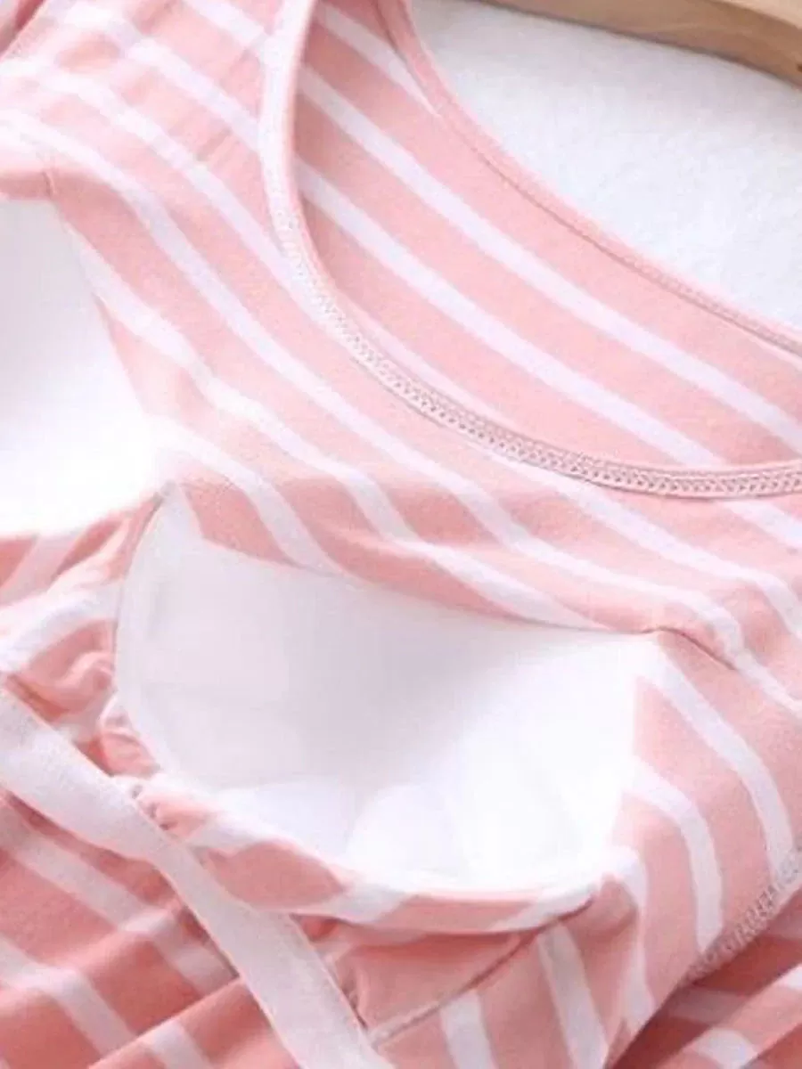 Women's Black and Pink Striped Loungewear Set with Kimono Cardigan in Premium Polyester