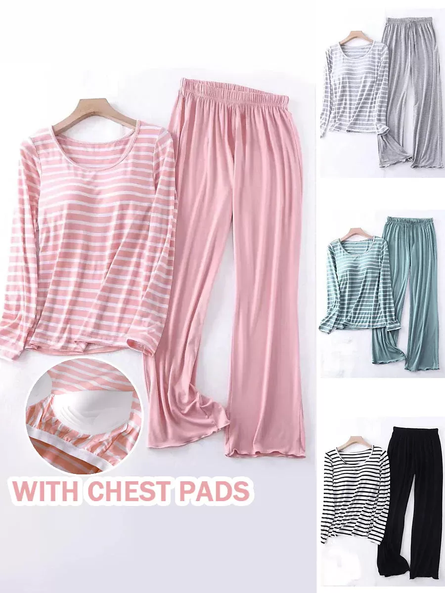 Women's Black and Pink Striped Loungewear Set with Kimono Cardigan in Premium Polyester