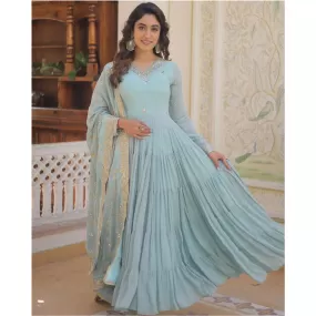 Women's Blue Party wear Gown Dupatta Suit