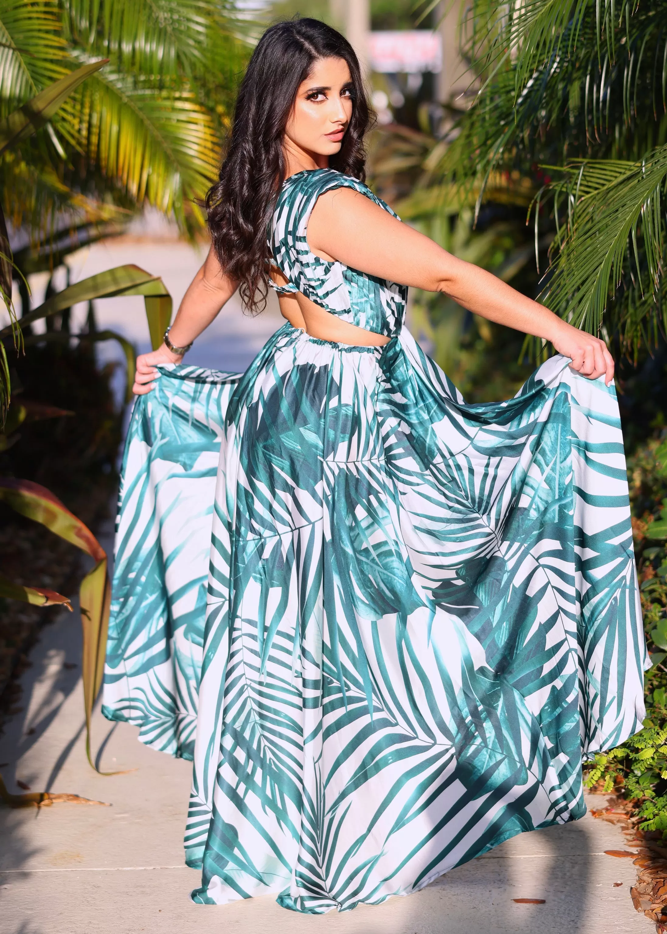 Yanesa Green Palm Print Plus Maxi Dress