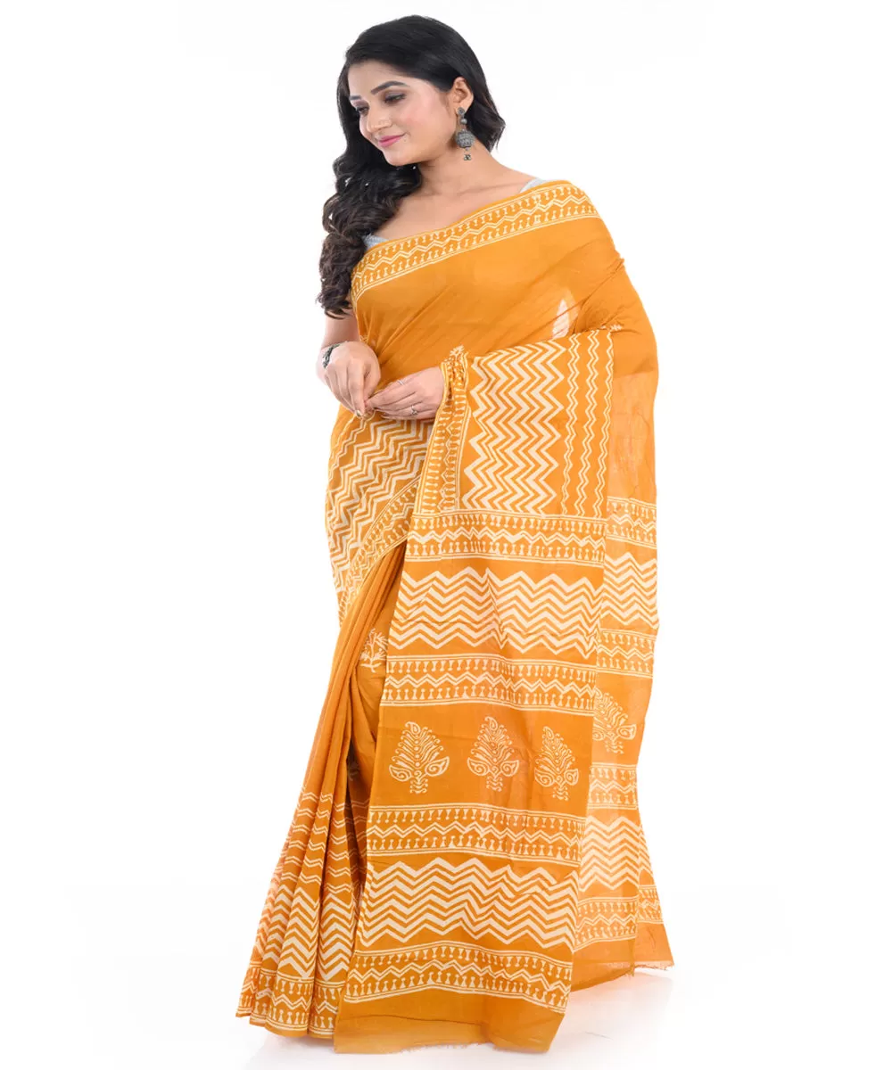 Yellow hand block printed bengal cotton saree