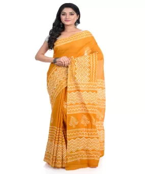 Yellow hand block printed bengal cotton saree