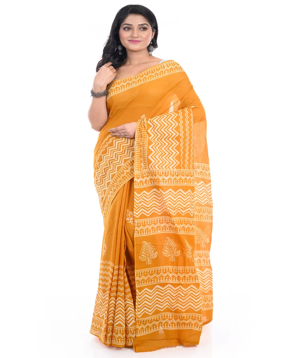 Yellow hand block printed bengal cotton saree