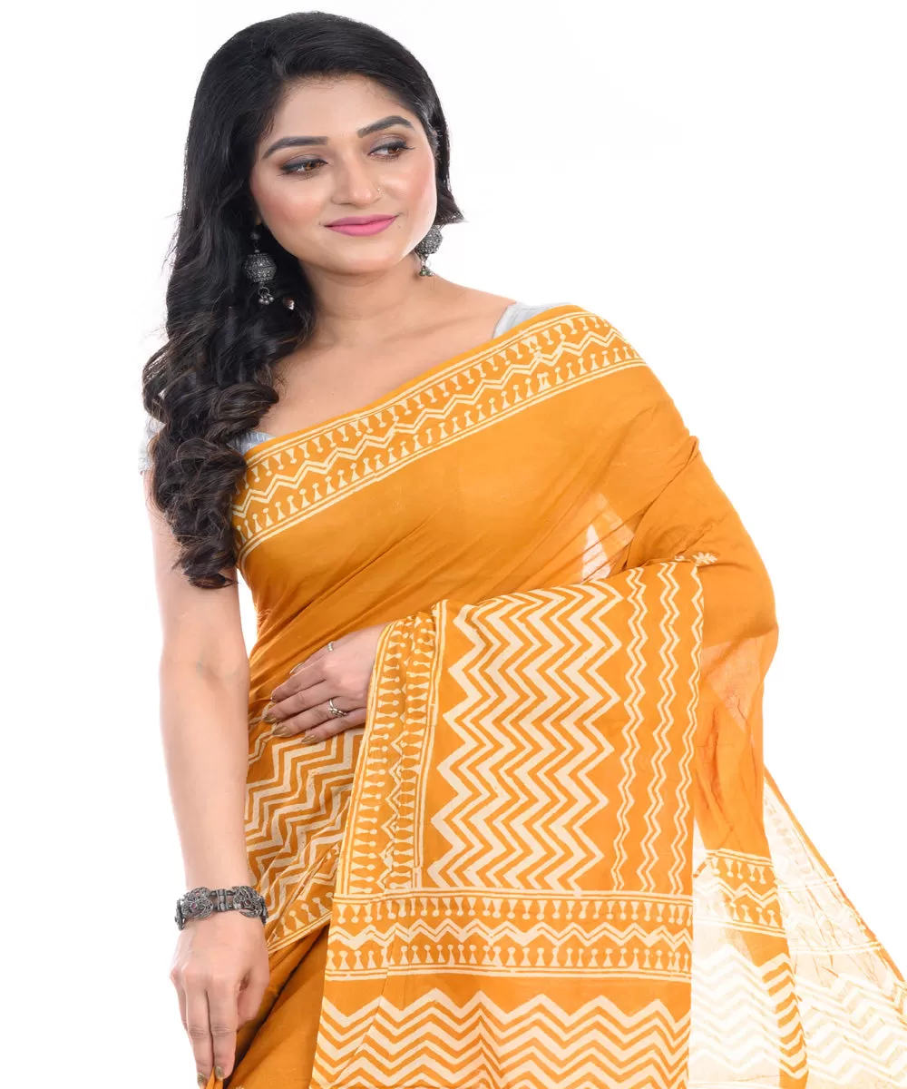 Yellow hand block printed bengal cotton saree